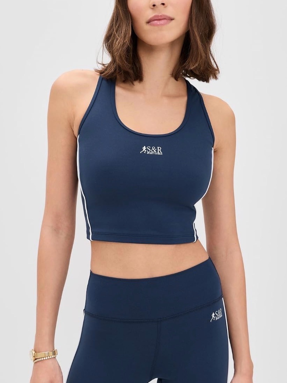 Sporty & Rich Navy Racerback Crop Tank with White Stripes